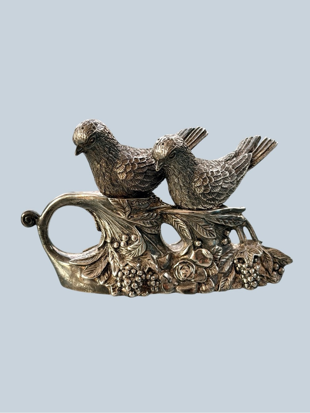Love Birds Silver Plated Salt & Pepper Shakers on Ornate Floral Branch Base Set